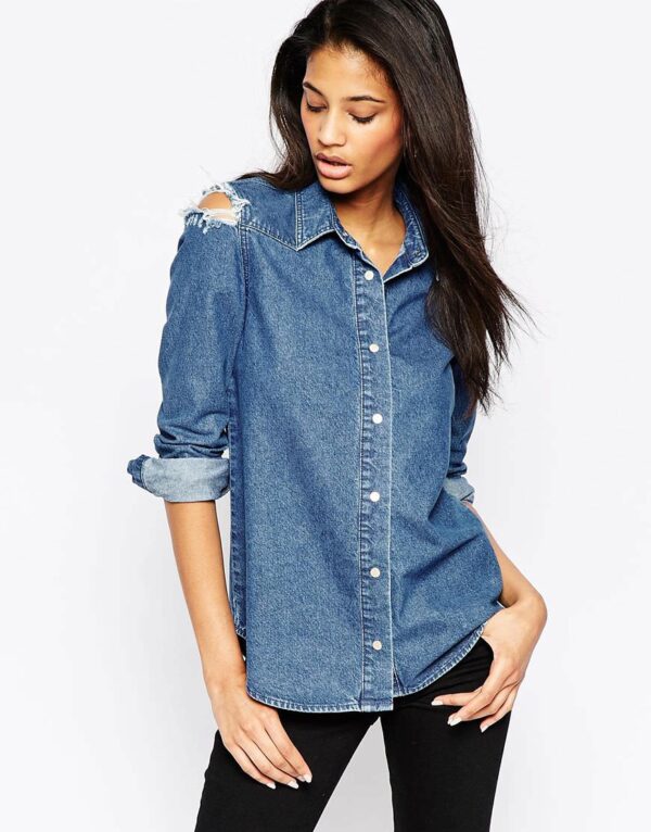 Denim Midwash Shirt With Rips