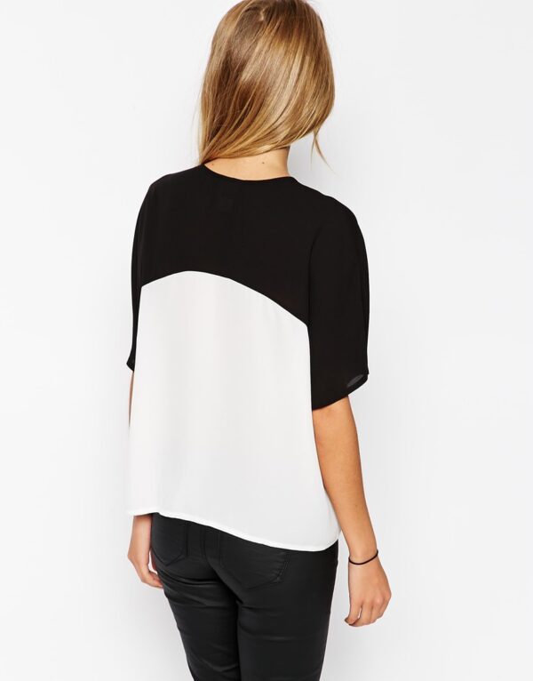 Mono Color Block Cropped V Neck Kimono Blouse