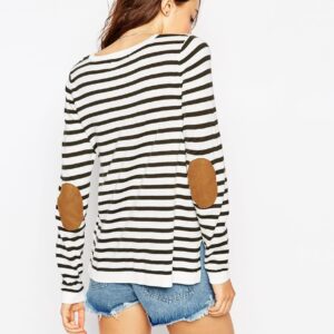 Sweater In Stripe With Tan Suedette Elbow Patch