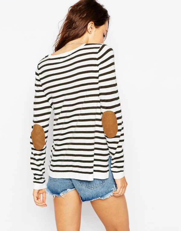 Sweater In Stripe With Tan Suedette Elbow Patch