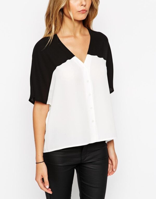 Mono Color Block Cropped V Neck Kimono Blouse