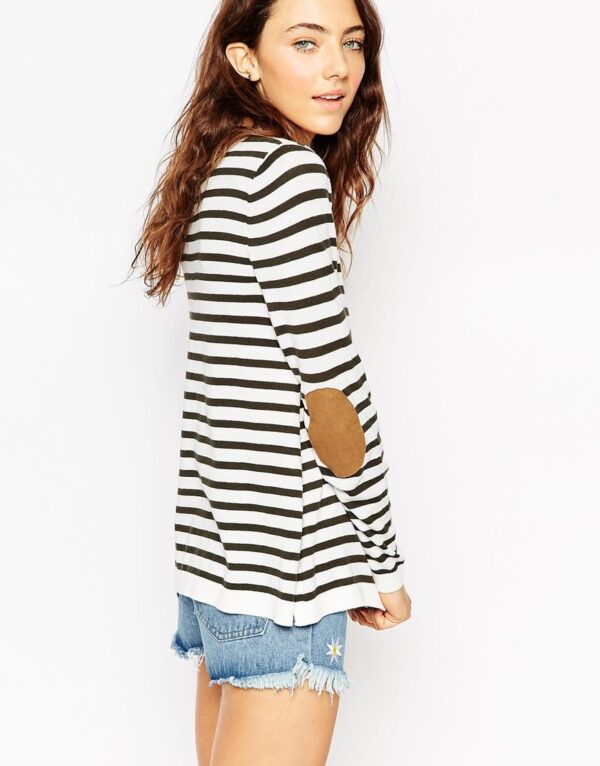 Sweater In Stripe With Tan Suedette Elbow Patch