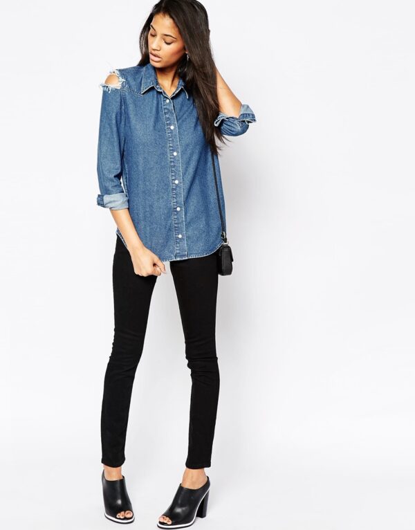 Denim Midwash Shirt With Rips